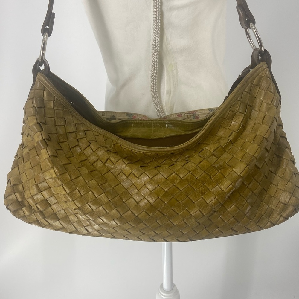 Latico leather woven sling bag olive with brown handle silver tone hardware
